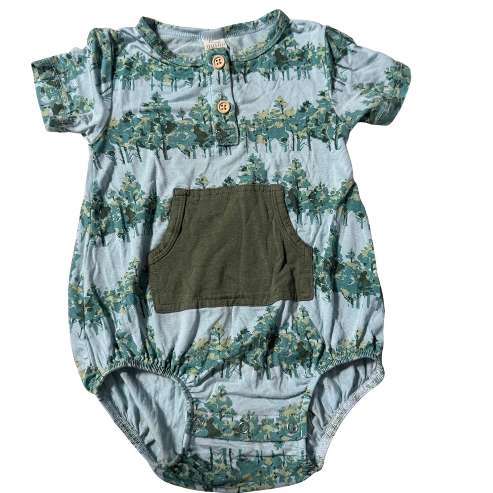 Kate Quinn Bamboo boy bubble romper pocket pine tree nature 6-12 months shorts